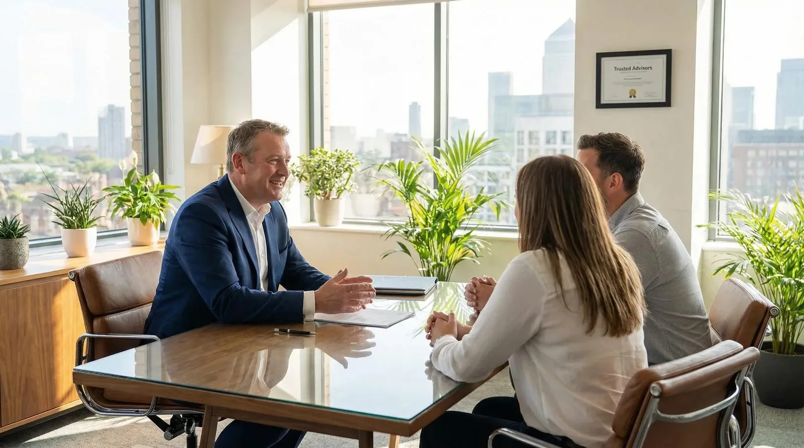 Financial advisor reviewing portfolio documents with a client at a desk